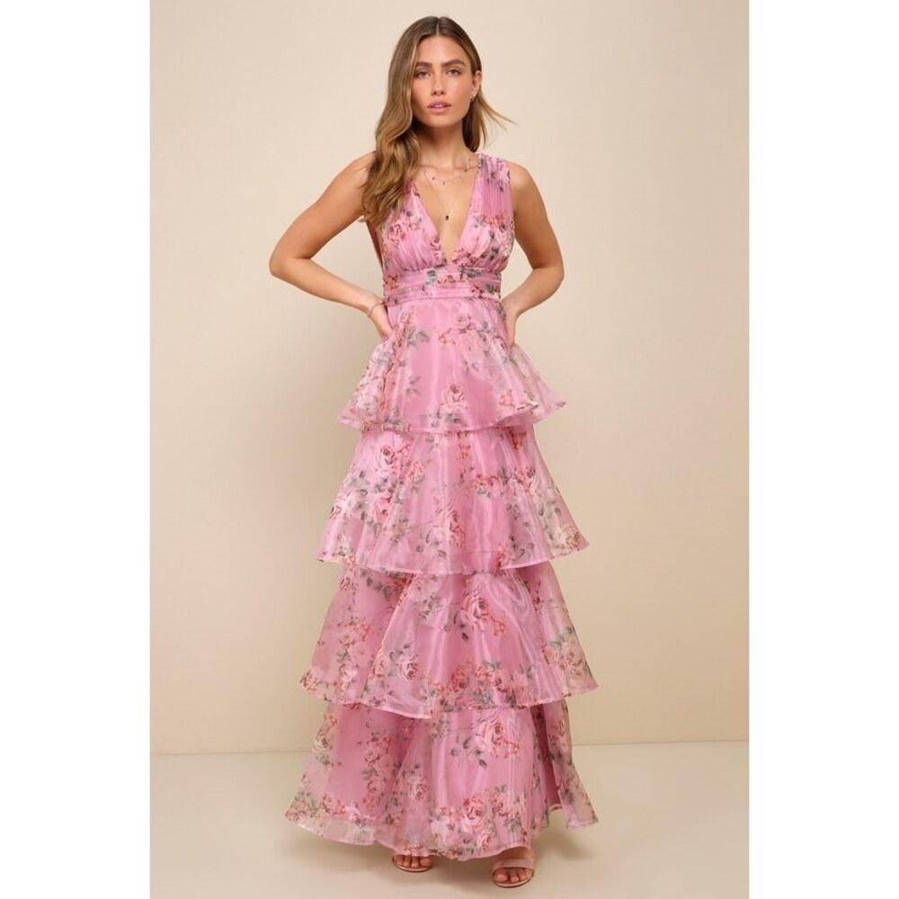 Lulus Garden Radiance Pink Floral Print Organza Tiered Maxi Dress - Size 3X